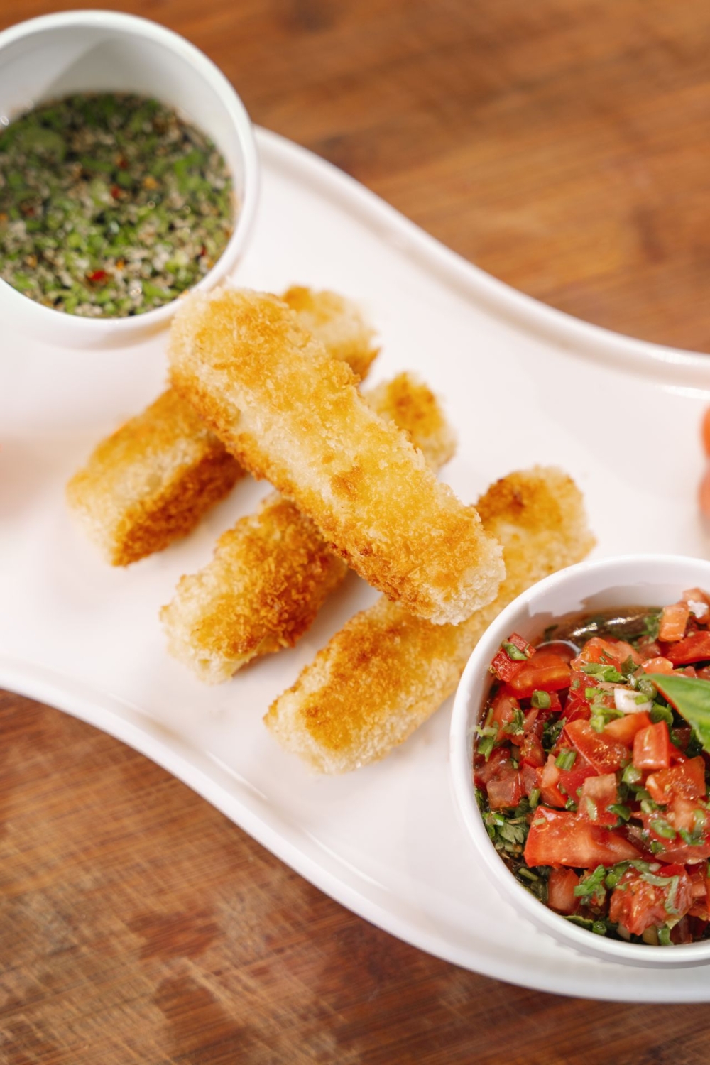 კარტოფილის ბლინის კროკეტები ორმაგი სოუსით